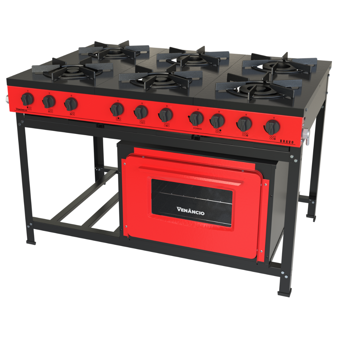 Fogão Industrial 6 Bocas Baixa Pressão com Forno Bravo Vermelho Venâncio
