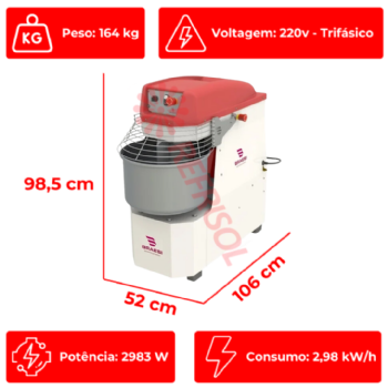 Amassadeira Espiral 25 kg AES-25/1 Trifásica 220v Braesi