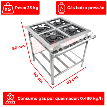 Fogão Industrial 4 Bocas Duplas Aço Inox ACFI-3004 Baixa Pressão Araceba