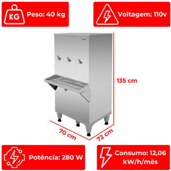 Bebedouro Industrial de Coluna 3 Geladas Inox 100 Litros 110v Frisbel
