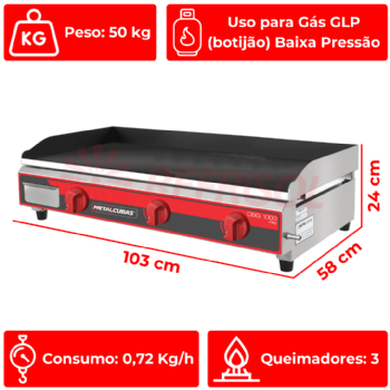 Chapa Bifeteira a Gás Profissional 100x52 CBG 1000 Metalcubas