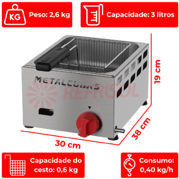 Fritadeira a Gás Baixa Pressão 1 Cuba 3 Litros FRCG 3 Inox Metalcubas