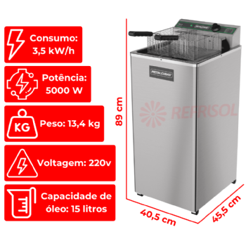 Fritadeira Elétrica Zona Fria de Óleo 15 Litros 5000 W FOE 15 P 220v Metalcubas