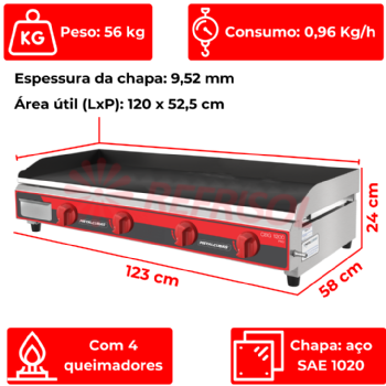 Chapa Bifeteira a Gás Profissional 120x52 CBG 1200 Metalcubas