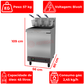 Fritadeira a Gás Industrial 45 Litros Zona Fria de Óleo FOG 3 C Bivolt Metalcubas