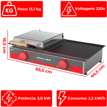 Grill Elétrico 70 cm Com Prensa MGE 70 220v Metalcubas