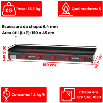 Chapa Bifeteira a Gás Compacta 150x45 CBG 1500 C Metalcubas