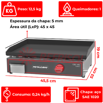 Chapa Bifeteira a Gás Compacta 45x45 CBG 450 C Metalcubas