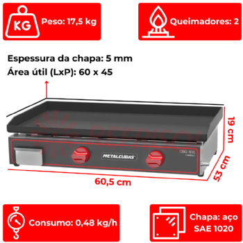 Chapa Bifeteira a Gás Compacta 60x45 CBG 600 C Metalcubas