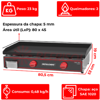 Chapa Bifeteira a Gás Compacta 80x45 CBG 800 C Metalcubas