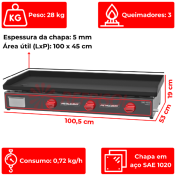 Chapa Bifeteira a Gás Compacta 100x45 CBG 1000 C Metalcubas