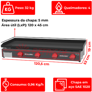 Chapa Bifeteira a Gás Compacta 120x45 CBG 1200 C Metalcubas