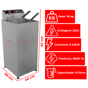 Fritadeira Elétrica Zona Fria de Óleo Pedestal 15 Litros 8000 W FZP8 220v Skymsen
