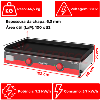 Chapa Bifeteira Elétrica 100 cm CBE 1000 L 220v Metalcubas