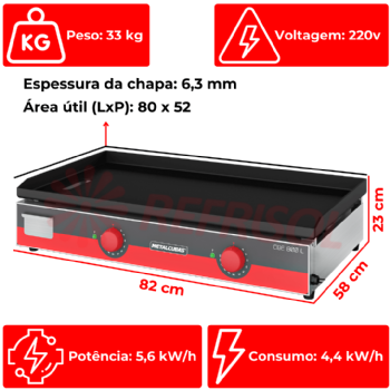Chapa Bifeteira Elétrica 80 cm CBE 800 L 220v Metalcubas