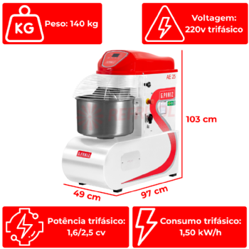 Amassadeira Espiral 2 Velocidades Epóxi 25 kg AE 25 G2 Trifásico 220v G Paniz