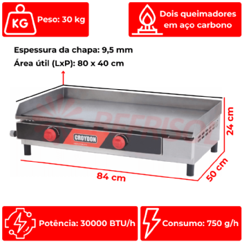 Chapa Churrasqueira Profissional à Gás 80 cm FG08 Croydon