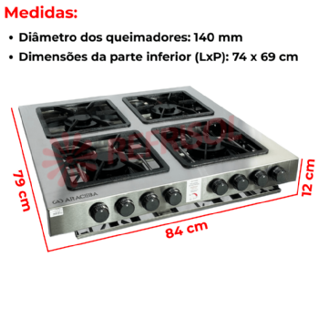 Fogão Industrial De Embutir Aço Inox 4 Bocas Duplas ACFI-3404 Baixa Pressão Araceba