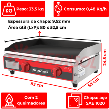 Chapa Bifeteira a Gás Profissional 80x52 CBG 800 Metalcubas