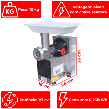 Moedor e Extrusor de Carnes/Massas Boca 7 Inox Bivolt Bigolar