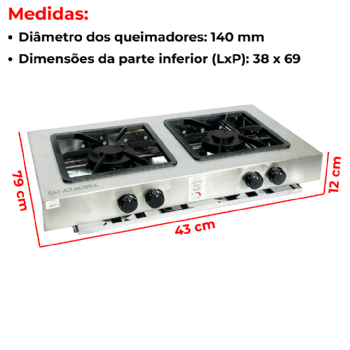 Fogão Industrial De Embutir Aço Inox 2 Bocas Duplas ACFI 3402 Baixa Pressão Araceba