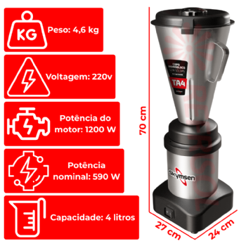 Liquidificador Comercial 4 Litros Alta Rotação TA 4-MB-N 220v Skymsen