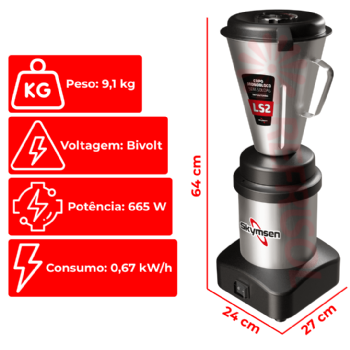 Liquidificador Comercial 02 Litros LS 02 Baixa Rotação Bivolt Skymsen