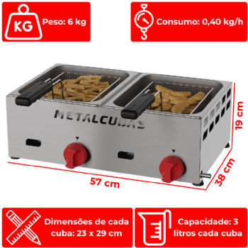 Fritadeira a Gás Baixa Pressão 2 Cubas 3 Litros FRCG 6 Inox Metalcubas