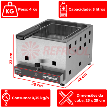 Fritadeira a Gás Alta Pressão 1 Cuba 3 Litros FRCG 3 Inox Metalcubas