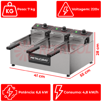 Fritadeira Elétrica 3 Cubas de 3 Litros FE 3 C 220v Metalcubas