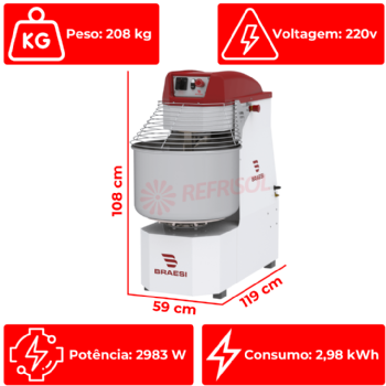 Amassadeira Espiral 60 kg AES-60/1 G3 Trifásico 220v Braesi