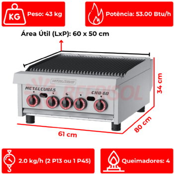 Char Broiler a Gás 60 cm CHB 60 Inox Metalcubas