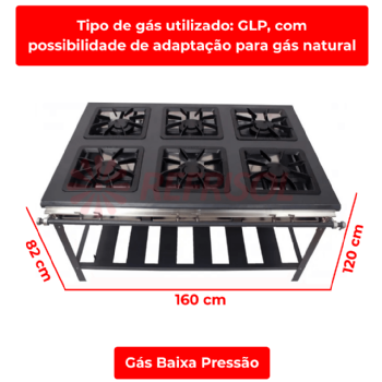 Fogão Industrial 6 Bocas Duplas Grelha 40x40 Baixa Pressão Metal Brey