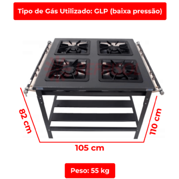 Fogão Industrial 4 Bocas Duplas Grelha 40x40 Baixa Pressão Metal Brey