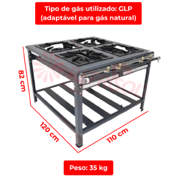 Fogão Industrial De Parede 4 Bocas Simples 40x40 Alta Pressão Queimador Real Metal Brey