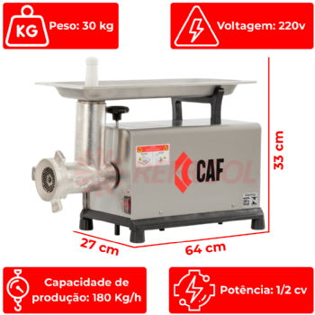 Picador Moedor de Carne Boca 10 de Ferro Fundido com Base Inox 220v CAF