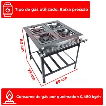 Fogão Industrial 4 Bocas Duplas Chama Tripla ACF-3304 Baixa Pressão Araceba