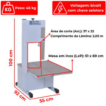Serra Fita Lâmina Master 2,05 m Mesa Móvel com Moedor e Extrusor TK608 Bivolt Tropikal