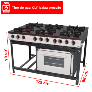 Fogão Industrial 6 Bocas Baixa Pressão Com Forno Bravo Grafite Venâncio