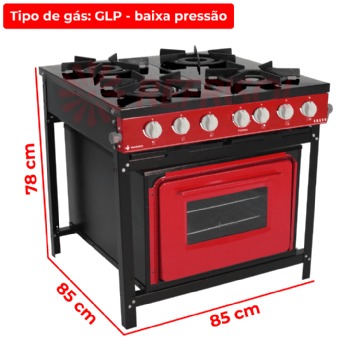Fogão Industrial 4 Bocas Baixa Pressão Com Forno Bravo Vermelho Venâncio