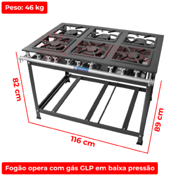 Fogão Industrial 6 Bocas 3 Simples 3 Duplas 30 x 30 Baixa Pressão P7 MR Fogões