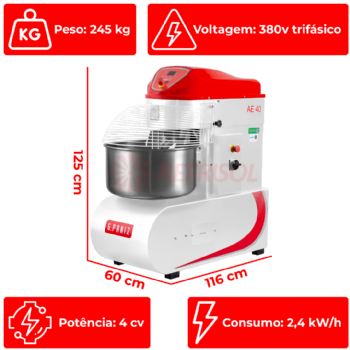 Amassadeira Espiral 40 kg AE 40 2 Velocidades G2 Trifásica 380v G Paniz