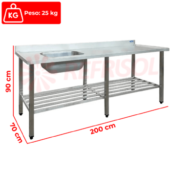 Mesa Pia Esquerda 200 x 70 com 1 Cuba 50 x 40 x 25 Total Inox 430 Imeca