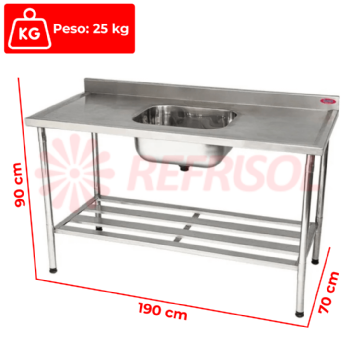 Mesa Pia 190 x 70 com 1 Cuba 50 x 40 x 25 Total Inox 430 Imeca