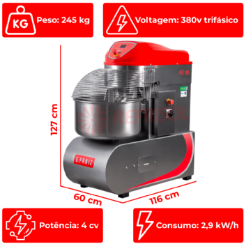 Amassadeira Espiral 40 kg AE 40 2 Velocidades G2 Inox Trifásica 380v G Paniz