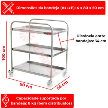 Carrinho de Serviço 03 Bandejas 80 x 50 x 4 cm Inox Imeca