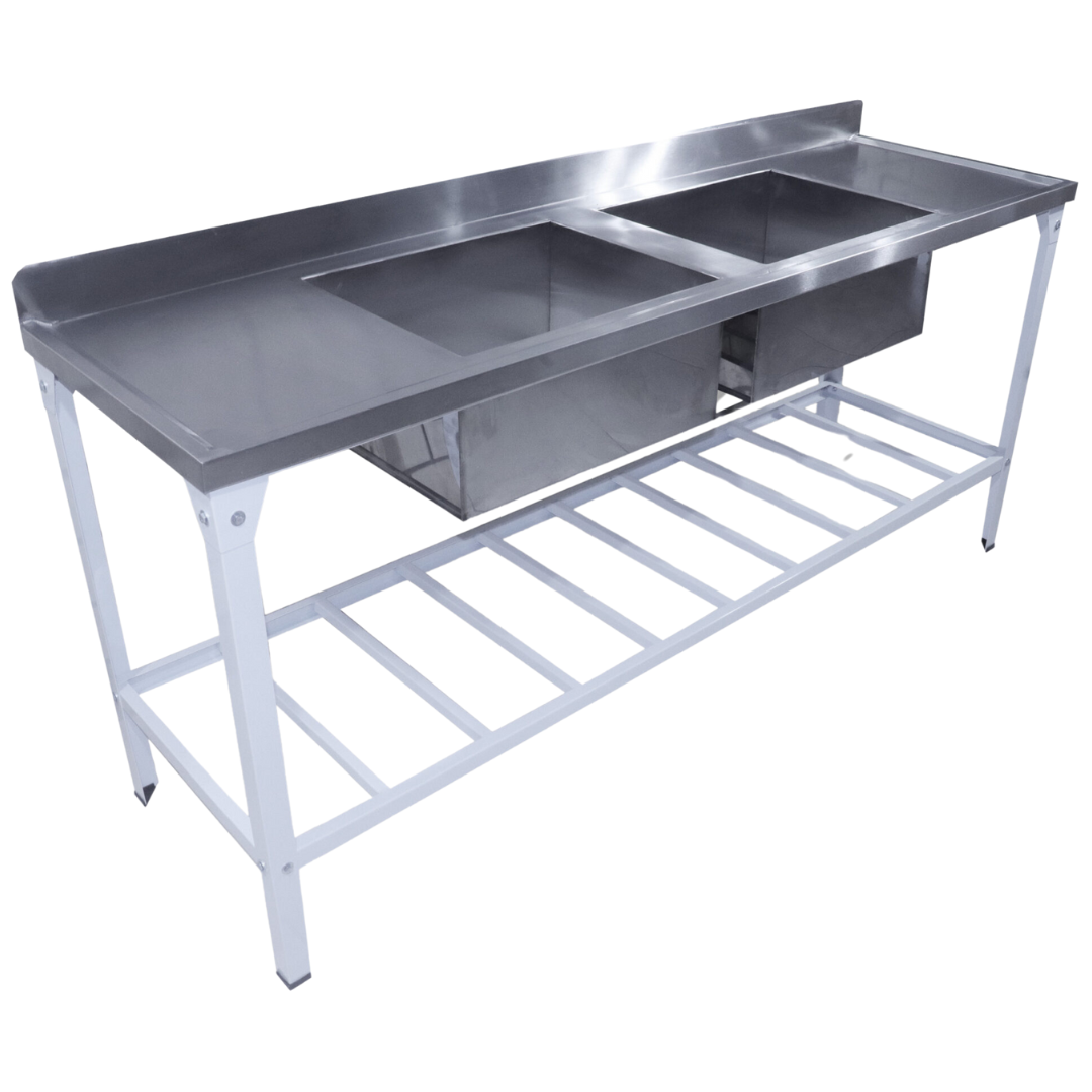 Mesa Pia 190 x 70 com 2 Cubas Tampo Inox Pés Epóxi Innal