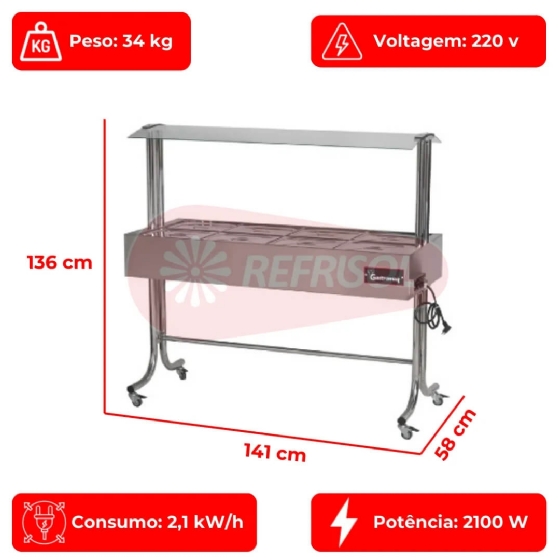 Buffet Térmico Aquecido BTE 08 Bandejas ST 220v Inox Gastromaq