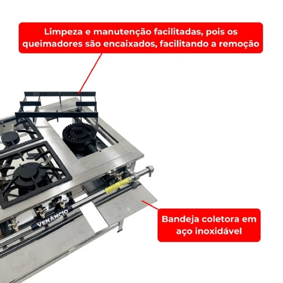 Fogão Industrial 5 Bocas 2 Duplas 2 Simples 1 Alto Rendimento Extra Inox Venâncio