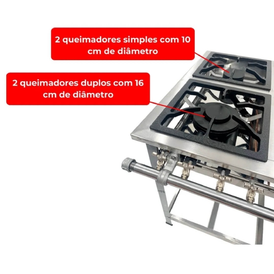 Fogão Industrial 5 Bocas 2 Duplas 2 Simples 1 Alto Rendimento Extra Inox Venâncio